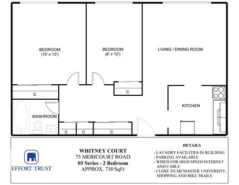 Floor plan for 2 beds, 1 bath, 730 sqft